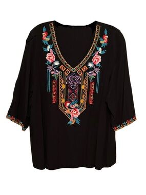 Boho Embroidered Blouse Black Floral Folk Peasant Top Short Sleeve Size L